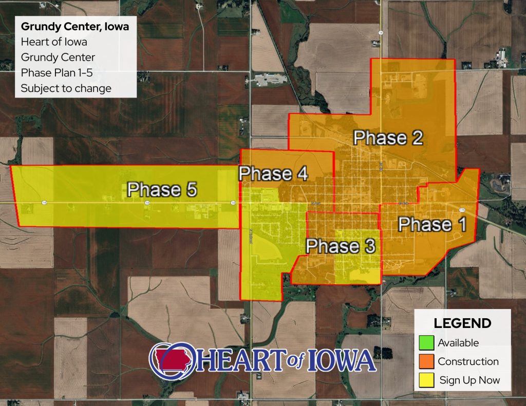 Map showing different phases of Fiber Construction for Grundy Center, Iowa